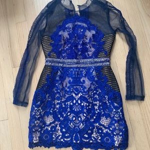 Blue party dress. Crochet, cut out, transparency